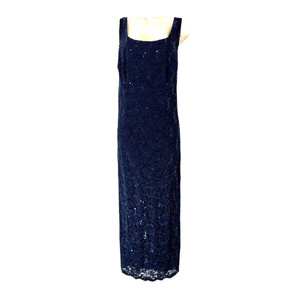 R&M Richards Navy Sequined Lace Maxi Dress